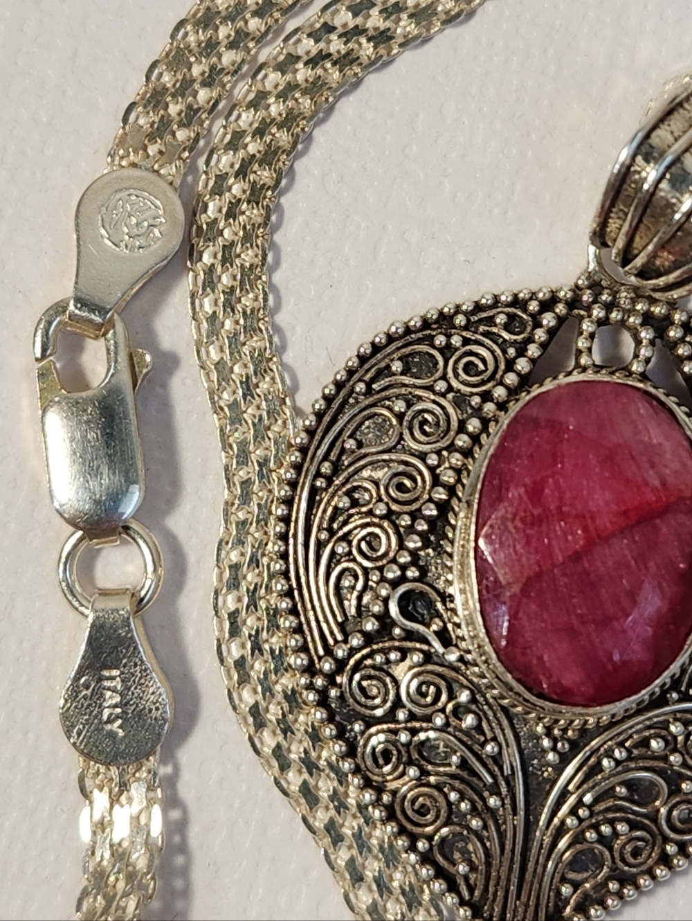 VTG Ruby Filigree Pendant On 32" Woven Italy 925 Necklace